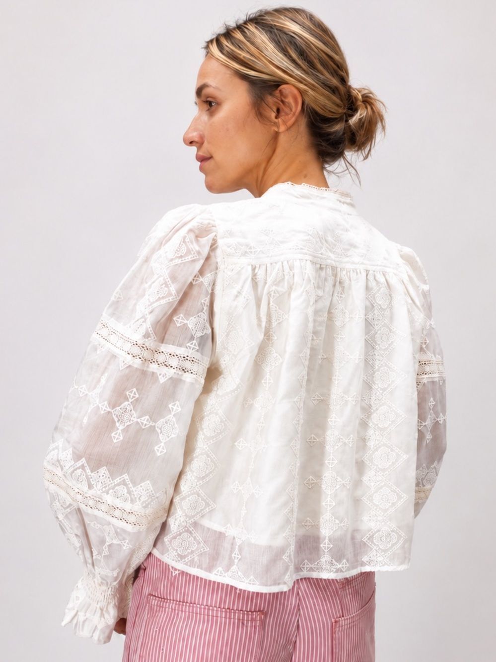 Caroline Constas Ivory Embroidered Lace Balloon Sleeve Blouse M NWT